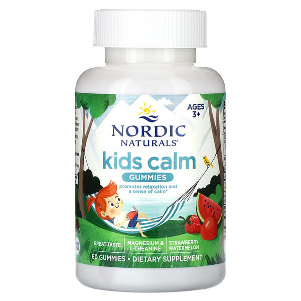 nor30172_v_8.jpg Kids Calm, жевательные таблетки, для детей от 3 лет, со вкусом клубники и арбуза, 60 жевательных таблеток — Nordic Naturals