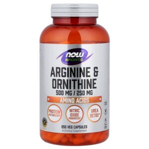 Sports, аргинин и орнитин, 250 растительных капсул — NOW Foods
