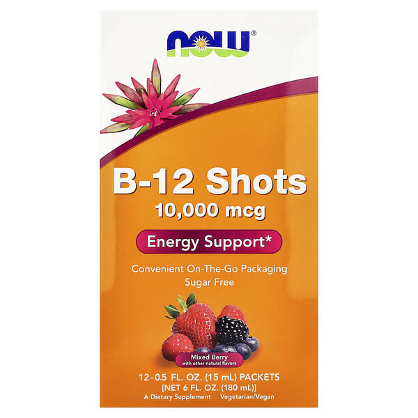 now00453_v_49.jpg B-12 Shots, ягодное ассорти, 12 пакетиков по 15 мл (0,5 жидк. Унции) — NOW Foods