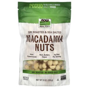 Real Food, орехи макадамия, сухой обжарки, с морской солью, 255 г (9 унций) — NOW Foods