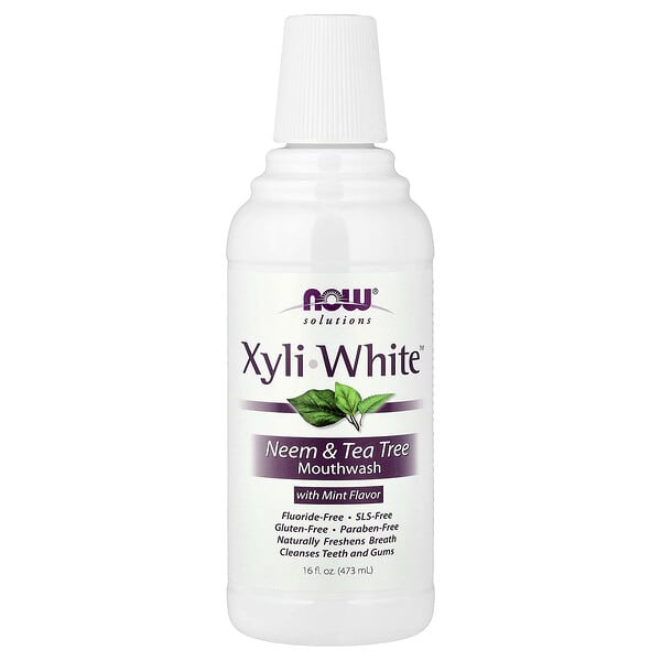 now08103_v_34.jpg Solutions, XyliWhite™, ополаскиватель для рта, ним и чайное дерево с мятой, 473 мл (16 жидк. унций) — NOW Foods