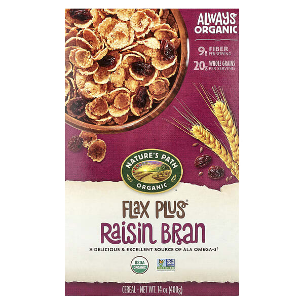npa77099_v_29.jpg Organic, Flax Plus, хлопья, отруби с изюмом, 400 г (14 унций) — Nature's Path