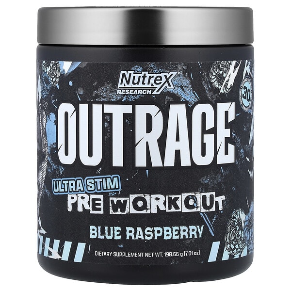 nrx73200_v_8.jpg Outage, Ultra Stim, предтренировочный комплекс, со вкусом голубой малины, 198,66 г (7,01 унции) — Nutrex Research