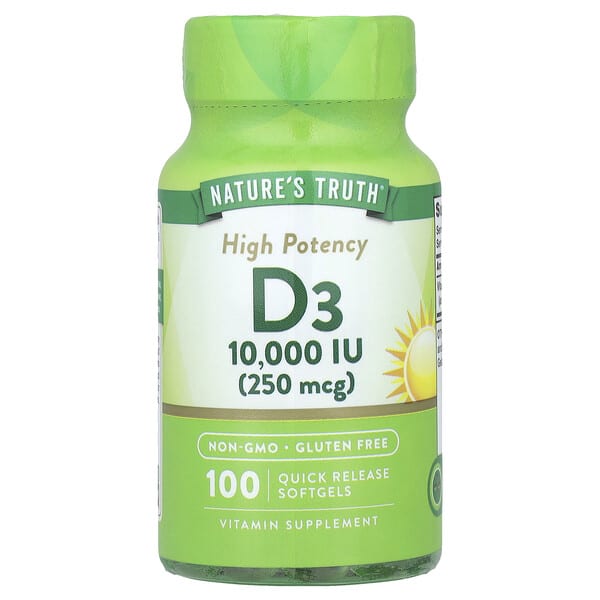 nth10070_v_64.jpg Vitamin D3, High Potency, 250 mcg (10,000 IU), 100 Quick Release Softgels — Nature's Truth