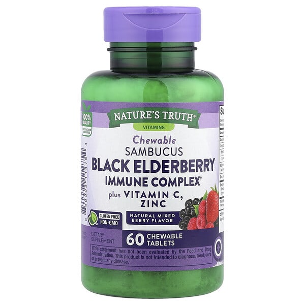 nth11475_v_56.jpg Иммунный комплекс Sambucus Black Elderberry, плюс витамин C и цинк, натуральная смесь ягод, 60 жевательных таблеток — Nature's Truth