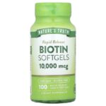 Биотин, 10 000 мкг, 100 желатиновых капсул с быстрым высвобождением — Nature's Truth