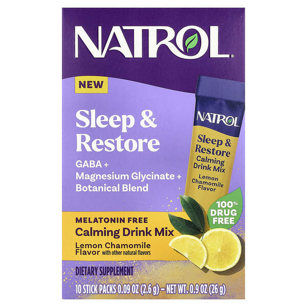 ntl08356_v_18.jpg Sleep & Restore, успокаивающая смесь для напитков, без мелатонина, лимон и ромашка, 10 пакетиков по 2,6 г (0,09 унции) — Natrol