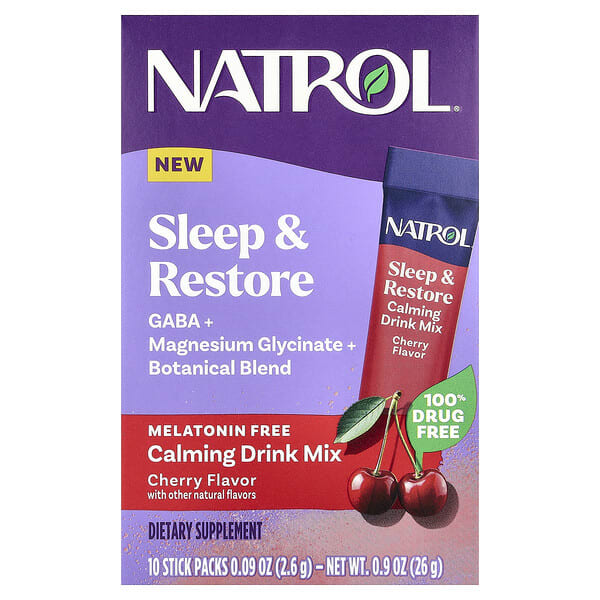 ntl08357_v_18.jpg Sleep & Restore, успокаивающая смесь для напитков, без мелатонина, вишня, 10 пакетиков по 2,6 г (0,09 унции) — Natrol