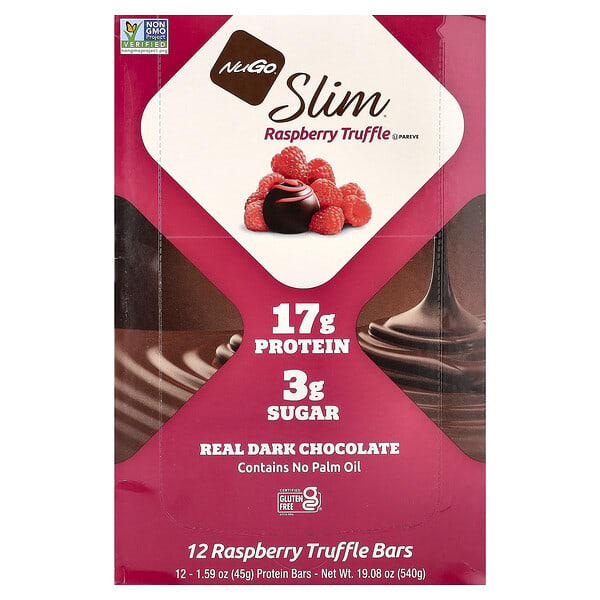nug20502_v_22.jpg Slim®, протеиновые батончики, малина и трюфель, 12 батончиков по 45 г (1,59 унции) — NuGo Nutrition