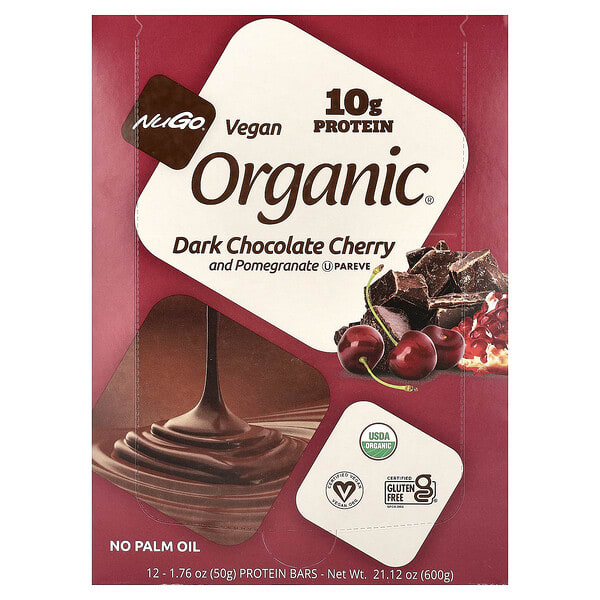 nug48302_v_22.jpg Organic®, протеиновые батончики, темный шоколад, вишня и гранат, 12 батончиков по 50 г (1,76 унции) — NuGo Nutrition