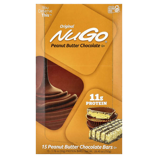 nug50303_v_42.jpg протеиновые батончики, арахисовая паста и шоколад, 15 батончиков по 50 г (1,76 унции) — NuGo Nutrition