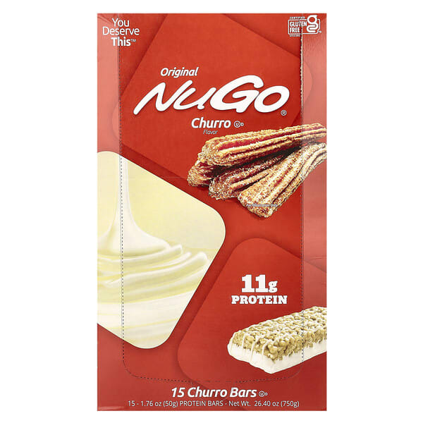 nug50903_v_20.jpg Original, протеиновые батончики, Churro, 15 батончиков, 50 г (1,76 унции) — NuGo Nutrition