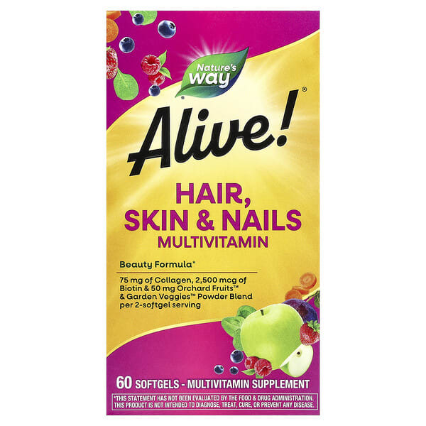 nwy11094_v_87.jpg мультивитамины для волос, кожи и ногтей Alive!®, со вкусом клубники, 60 капсул — Nature's Way