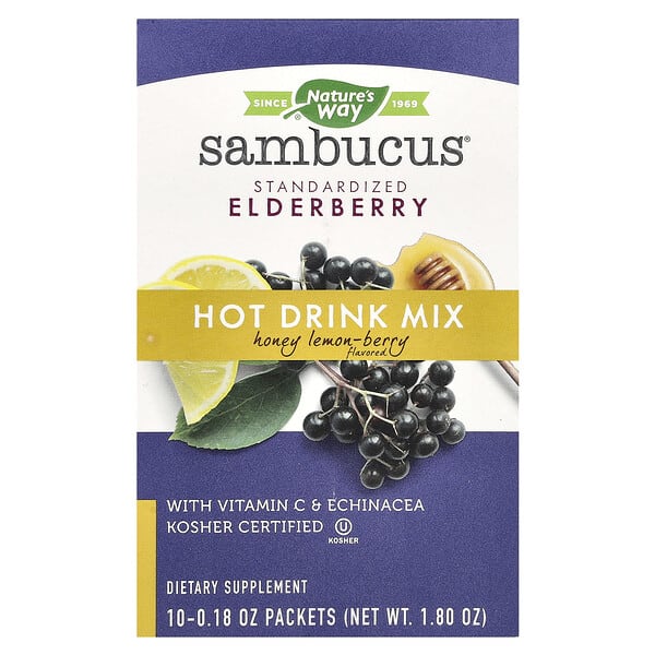 nwy12087_v_37.jpg Sambucus®, смесь для горячих напитков, стандартизированная бузина, мед, лимон и ягоды, 10 пакетиков по 0,18 унции — Nature's Way