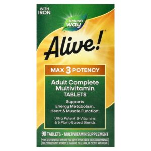 Alive!® Max3 Potency, полный мультивитаминный комплекс для взрослых, с железом, 90 таблеток — Nature's Way