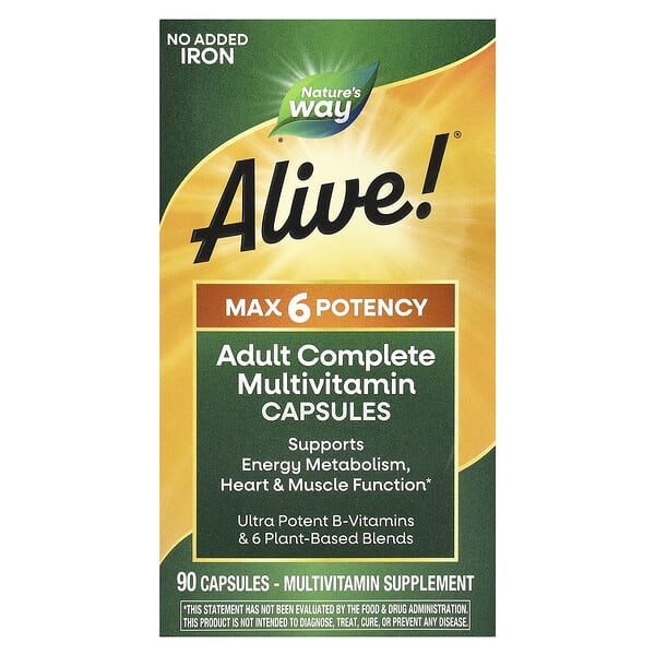 nwy15092_v_115.jpg Alive! Max6 Potency, мультивитамины повышенной эффективности, без добавления железа, 90 капсул — Nature's Way