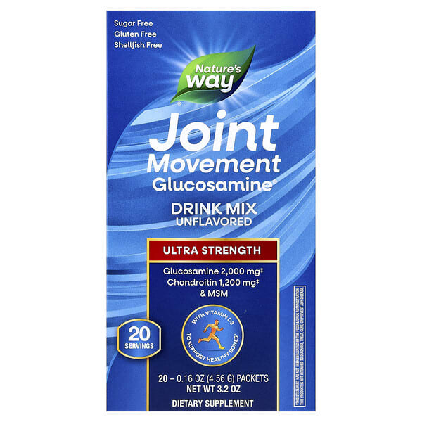 nwy15121_v_9.jpg Joint Movement Glucosamine®, смесь для приготовления напитков, с повышенной силой действия, без ароматизаторов, 20 пакетиков по 4,56 г (0,16 унции) — Nature's Way