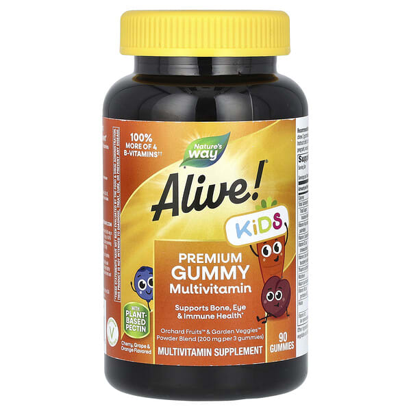 nwy15789_v_44.jpg Alive!, мультивитамины премиального качества для детей, со вкусом вишни, винограда и апельсина, 90 жевательных таблеток — Nature's Way