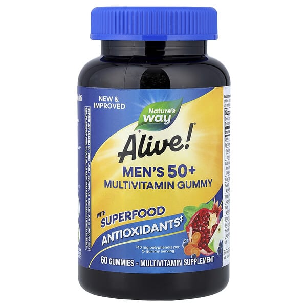 nwy15902_v_47.jpg Alive!®, мультивитаминные жевательные таблетки для мужчин старше 50 лет, со вкусом фруктов, 60 жевательных таблеток — Nature's Way