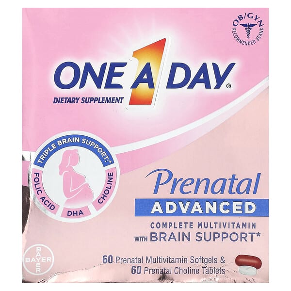 oad58658_v_22.jpg Prenatal Advanced, полноценный мультивитаминный комплекс для поддержки мозга, 60 пренатальных мультивитаминных мягких таблеток и 60 пренатальных таблеток с холином — One-A-Day