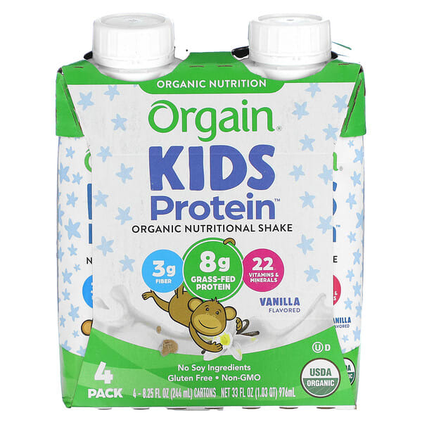 oga00309_v_12.jpg Kids Protein, органический питательный коктейль, ваниль, 4 пакетика, по 244 мл (8,25 жидк. унц.) — Orgain