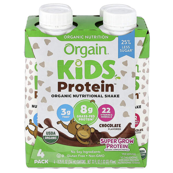 oga00311_v_40.jpg Kids Protein™, органический питательный коктейль, шоколадный вкус, 4 пакетика по 244 мл (8,25 жидк. унции) — Orgain