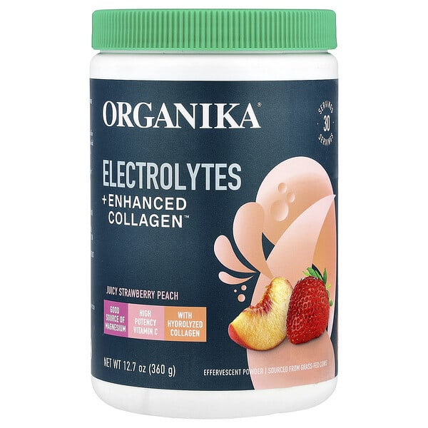 ogk25075_v_24.jpg Electrolytes + Enhanced Collagen™, сочная клубника и персик, 360 г (12,7 унции) — Organika