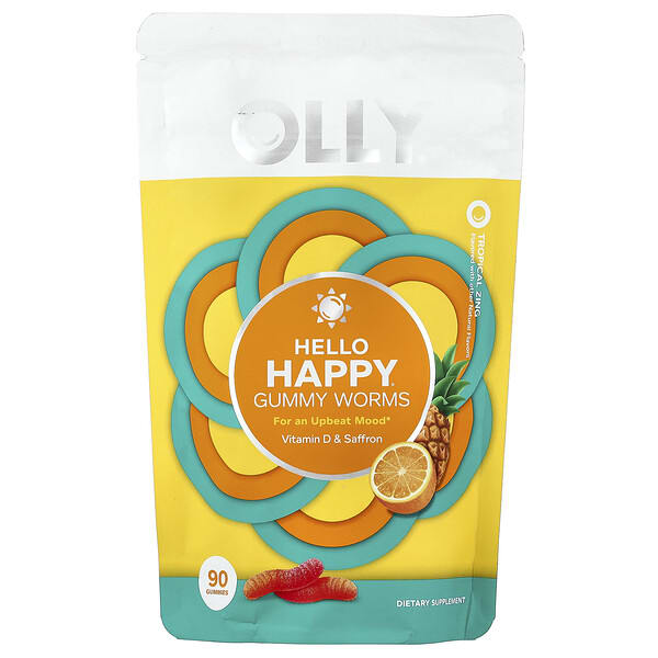 ole20147_v_2.jpg Hello Happy®, жевательные червячки, тропические фрукты, 90 жевательных конфет — OLLY