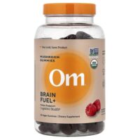 Brain Fuel+, жевательные грибы, со вкусом малины, 56 веганских жевательных таблеток — Om Mushrooms