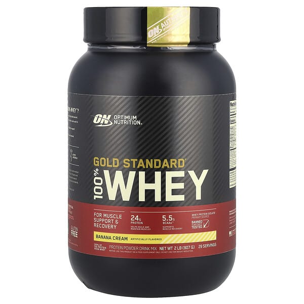 opn02956_v_50.jpg Gold Standard, 100% сыворотка, со вкусом бананового крема, 907 г (2 фунта) — Optimum Nutrition