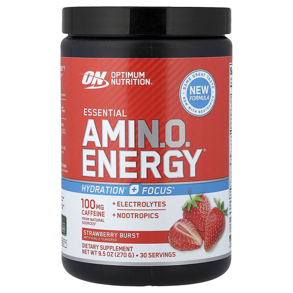 opn06823_v_8.jpg Незаменимые Amin.O. Energy®, клубничный вкус, 270 г (9,5 унции) — Optimum Nutrition
