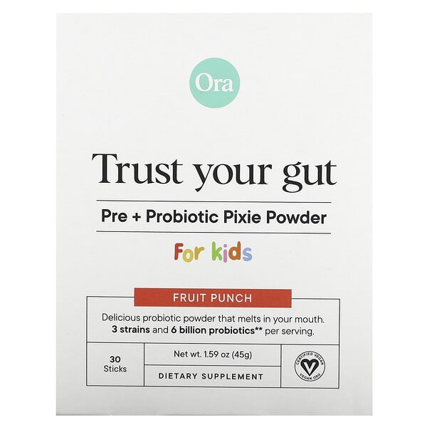 ora72501_v_11.jpg Trust Your Gut, порошок для детей с пребиотиками и пробиотиками, фруктовый пунш, 6 млрд КОЕ, 30 стиков по 1,5 г (0,05 унции) — Ora