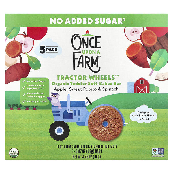 ouf51260_v_18.jpg Tractor Wheels™, органический батончик мягкой выпечки для малышей, с яблоком, бататом и шпинатом, 5 упаковок по 19 г (0,67 унции) — Once Upon A Farm