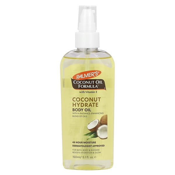 pal03270_v_4.jpg Coconut Oil Formula® с витамином E, кокосовое гидратное масло для тела, 150 мл (5,1 жидк. Унции) — Palmer's