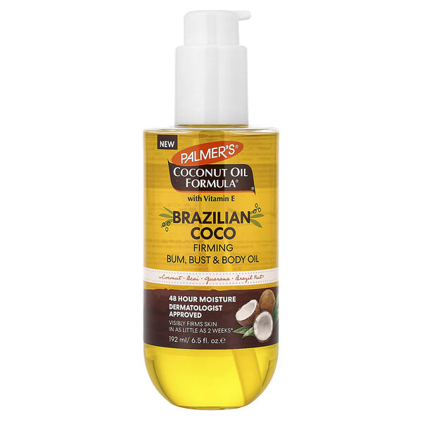 pal03271_v_9.jpg Coconut Oil Formula® с витамином E, для упругости попы, масло для груди и тела, бразильский кокос, 192 мл (6,5 жидк. унции) — Palmer's