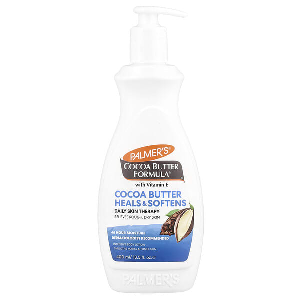 pal04165_v_23.jpg Cocoa Butter Formula® с витамином E, ежедневное заживление и смягчение кожи, 400 мл (13,5 жидк. Унции) — Palmer's