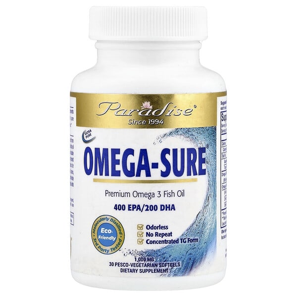 par77795_v_66.jpg Omega Sure®, премиальный рыбий жир с омега-3, 1000 мг, 30 вегетарианских капсул Pesco — Paradise Herbs