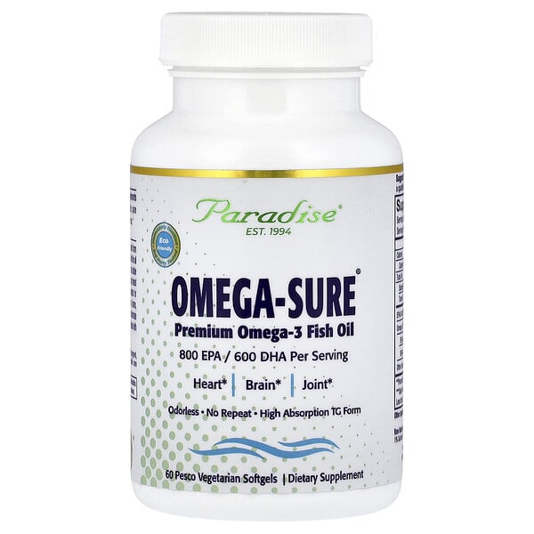 par77796_v_48.jpg Omega-Sure®, рыбий жир с омега-3 премиального качества, 60 вегетарианских капсул Pesco — Paradise Herbs