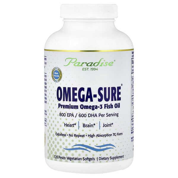 par77906_v_24.jpg Omega-Sure®, рыбий жир премиального качества с омега-3, 120 вегетарианских капсул Pesco — Paradise Herbs