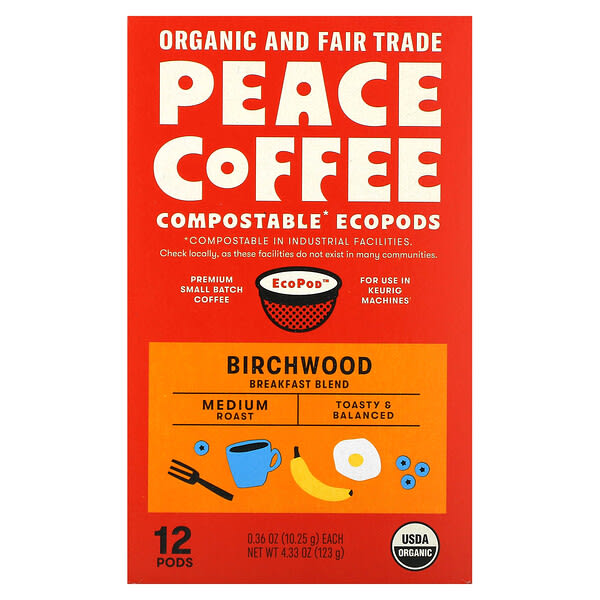 pcf00893_v_15.jpg Peace Coffee, Organic Birchwood Breakfast Blend, Medium Roast , 12 Pods, 0.36 oz (10.25 g) Each
