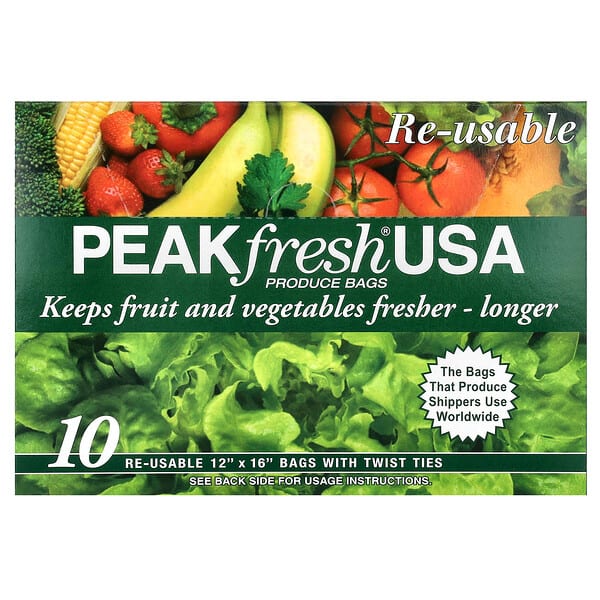 pea00200_v_29.jpg PEAKfresh USA, многоразовые пакеты с затяжками для хранения продуктов, 10 шт.