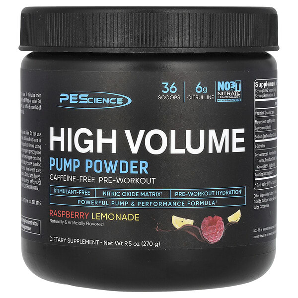pec19941_v_24.jpg High Volume, Pump Powder, High Volume, Pump Powder, без кофеина, малиновый лимонад, 270 г (9,5 унции) — PEScience