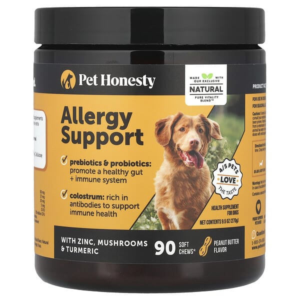 peh52443_v_24.jpg Allergy Support, для собак, арахисовая паста, 90 жевательных таблеток, 270 г (9,5 унции) — Pet Honesty