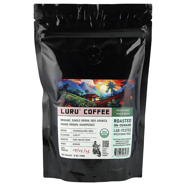 pif48568_v_2.jpg Luru™, кофе в зернах, средней обжарки, 226 г (8 унций) — Pure Indian Foods