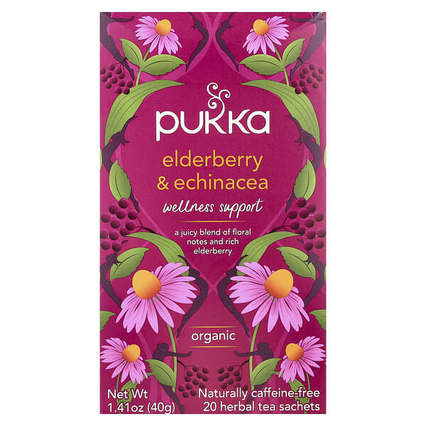 pkh02006_v_55.jpg Pukka Herbs, Органический травяной чай, бузина и эхинацея, без кофеина, 20 пакетиков, 40 г (1,41 унции)