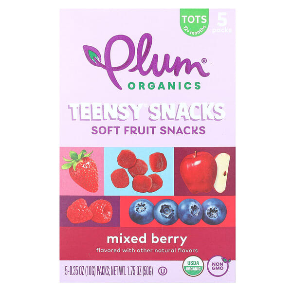 plo00117_v_68.jpg Teensy Snacks, фруктовые снеки, для детей от 12 месяцев, ягодное ассорти, 5 пакетиков по 10 г (0,35 унции) — Plum Organics