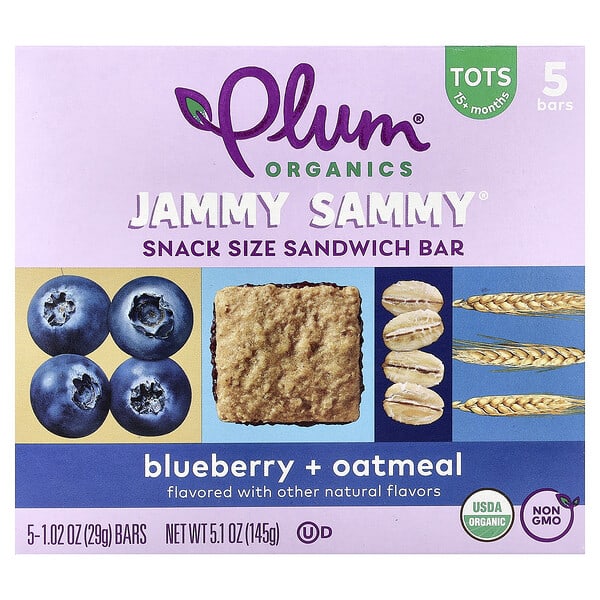 plo00245_v_58.jpg Jammy Sammy®, батончик-снек, для детей от 15 месяцев, голубика и овсянка, 5 батончиков по 29 г (1,02 унции) — Plum Organics
