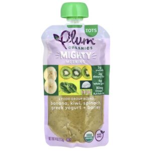 Mighty 4, 4 Food Group Blend, смесь для малышей, банан, киви, шпинат, греческий йогурт, ячмень, 113 г (4 унции) — Plum Organics