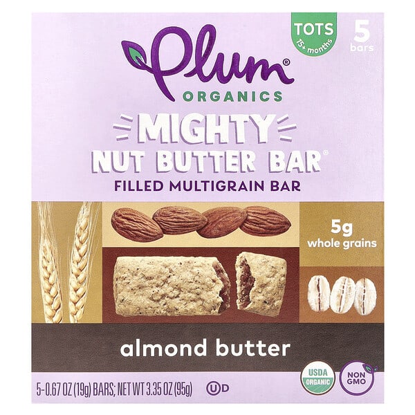 plo01293_v_36.jpg Mighty Nut Butter Bar, для детей от 15 месяцев, миндальное масло, 5 батончиков, по 19 г (0,67 унции) — Plum Organics