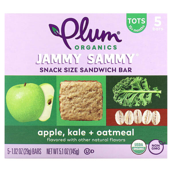 plo01403_v_9.jpg Jammy Sammy, сэндвич-батончик для детей от 15 месяцев, яблоко, капуста и овсянка, 5 батончиков, 29 г (1,02 унции) — Plum Organics